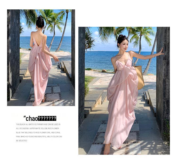 Pink French Backless Camisole Dress - Elegant Beach-Ready Evening Gown for Women