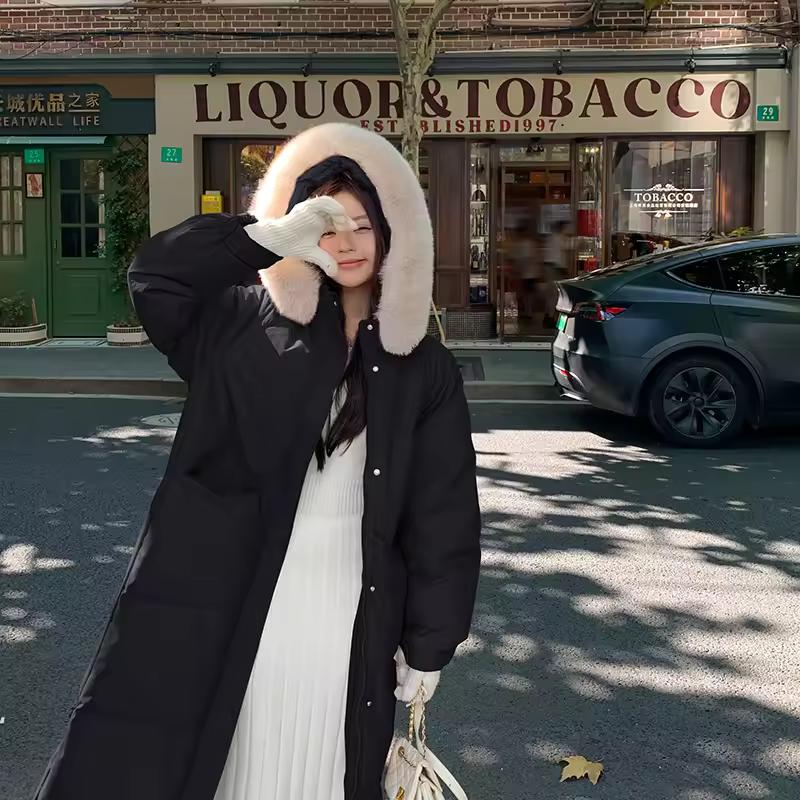 

Зимняя женская стеганая куртка Женская длинная куртка до колена Меховой воротник Теплая Утолщенная хлопковая куртка Женские парки Пальто XS чёрный