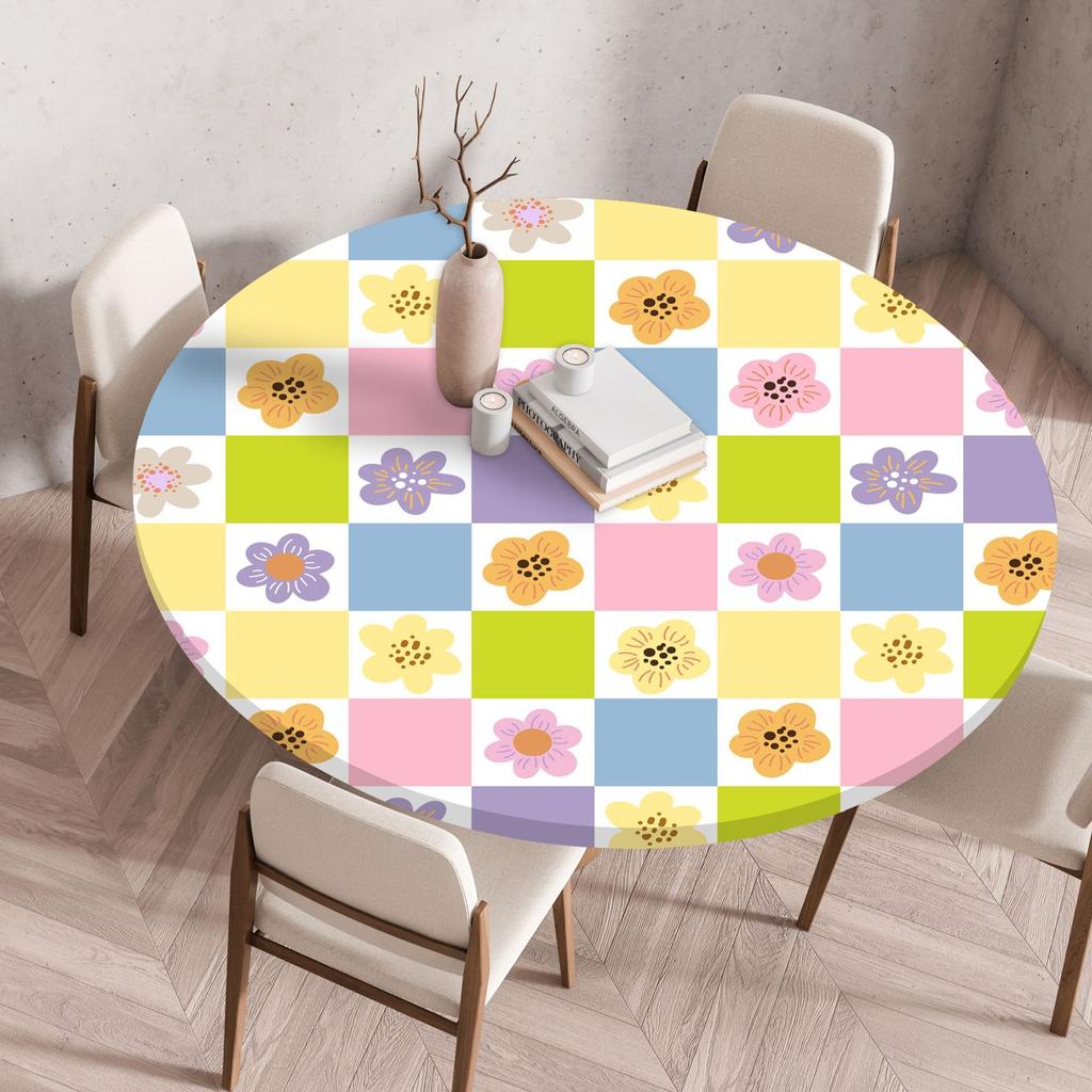 Plant Flower Patterns Round Tableclothes for Dining Table Fitted Table Protector Cover Elastic Edge Desk Decoration Waterproof