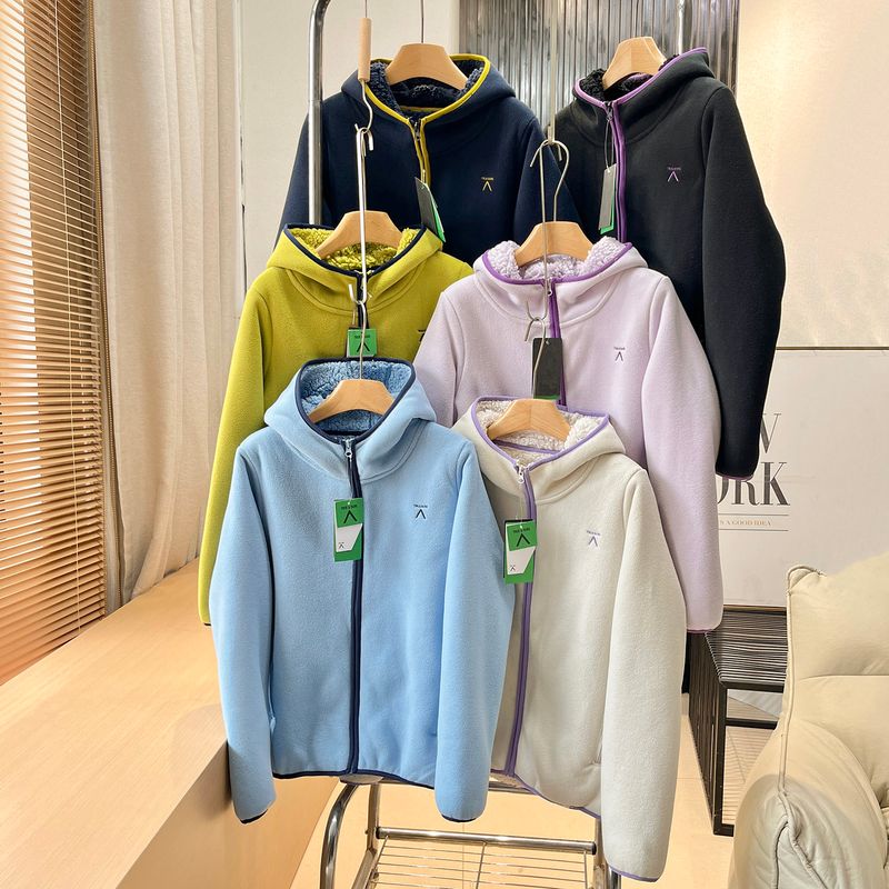New Autumn and Winter Outdoor Windproof and Warm Lamb Wool Jacket for Women, Thick Double-Sided Fleece Color-Block Hooded Fleece Sweatshirt