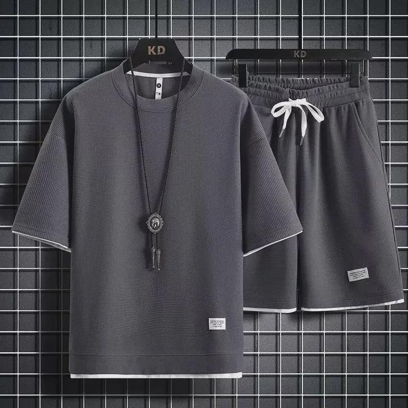 Ice Silk Waffle Sports Set: Loose Half-Sleeve T-Shirt & Half-Pants for Summer Leisure