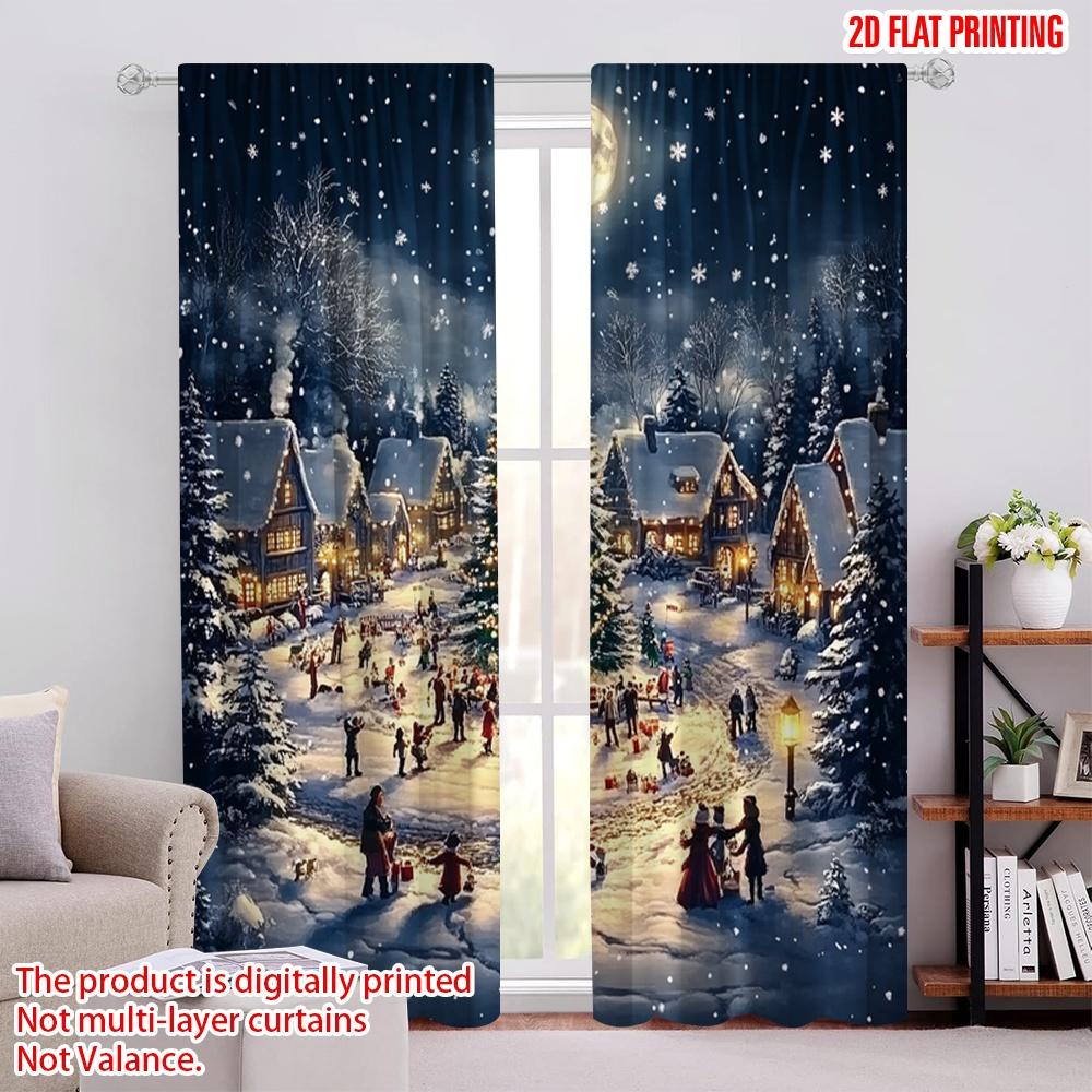 

Flat Printing Merry Christmas Popular Window Curtains Pine Trees Snow Forests Polyester Without Electricity Spring Curtain Set Of 2 Made Washable W100*H70(CM)-Rod Pocket&2PCS