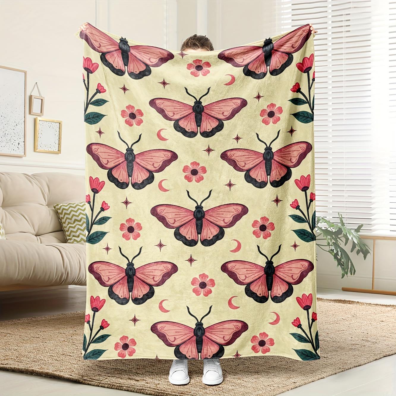 

1pc Pink butterfly and floral patterned blanket polyester fabric machine washable suitable for bedroom and living room 75x100cm