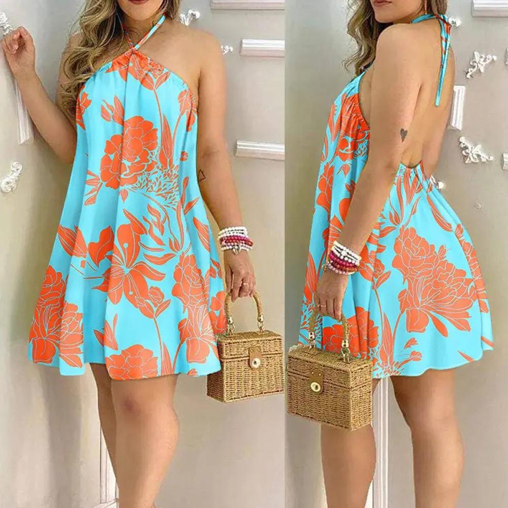 Summer Strapless Hanging Neck Tie Dress Loose Women Sleeveless Dresses Women
