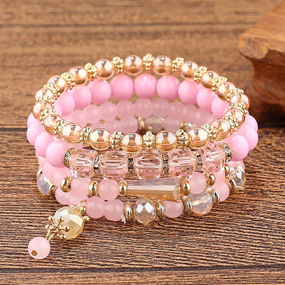 DIEZI Korean Ethnic Bohemian Crystal Beads Leaves Charm Bracelets For Women Girls Elastic Rope Wrap Bracelet Pulseira Feminina
