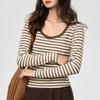Women Striped Colorblock Round Neck Long Sleeve Cotton Bottoming T Shirt Top