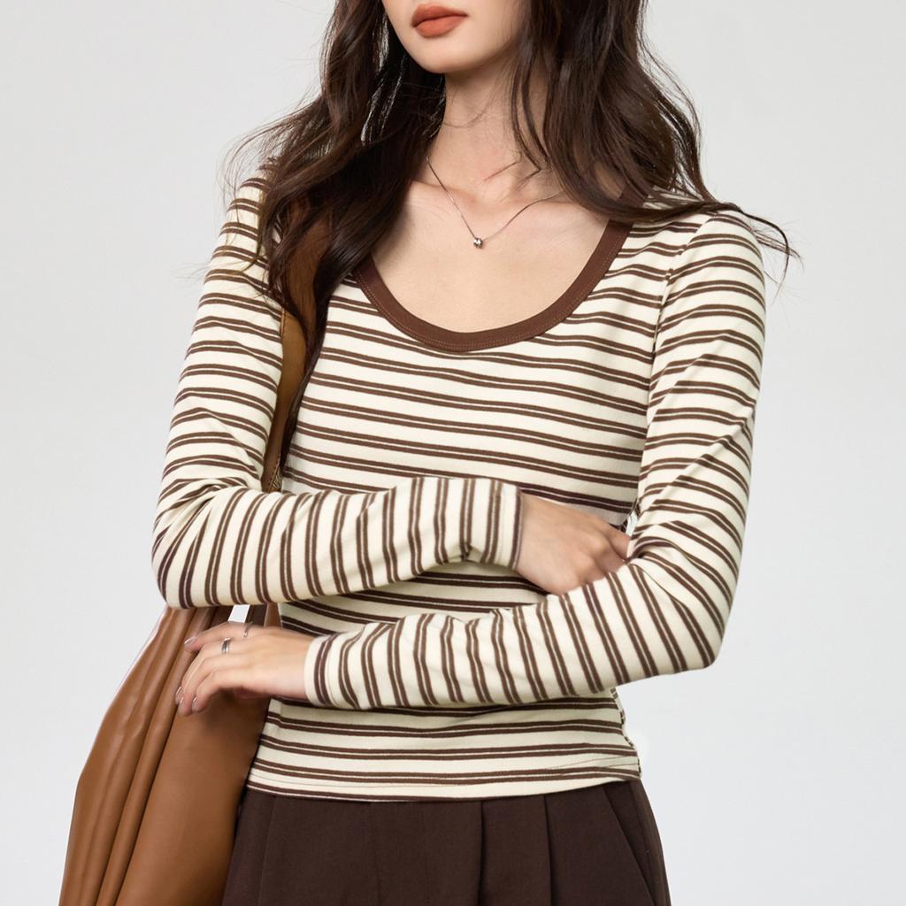Women Striped Colorblock Round Neck Long Sleeve Cotton Bottoming T Shirt Top