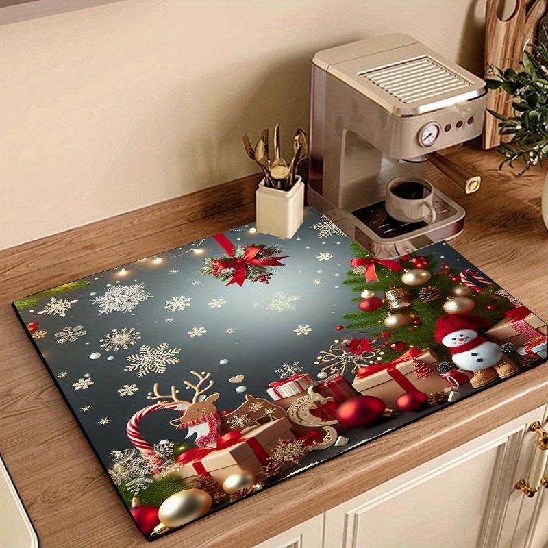 1Pcs Rubber Drying Mat With Christmas Style Print For Coffee Shop Restaurant Kitchen Carpet Tableware Durable Diatom Mud Table Mat Pet Mat Coffeeware