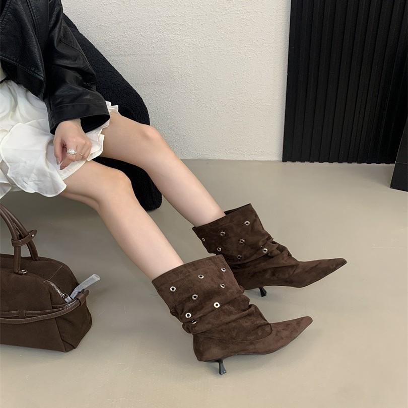 European and American Fashion Punk Style Riveted High-heeled Short Boots Spice Girls 2025 Autumn and Winter Short Tube Pointed Thin Heel Pleated 