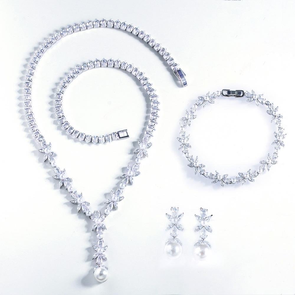 French Light Luxury Cold Wind Pearl Necklace Bracelet Earrings 3-Piece Set Super Fairy Banquet Party Dress Accessories