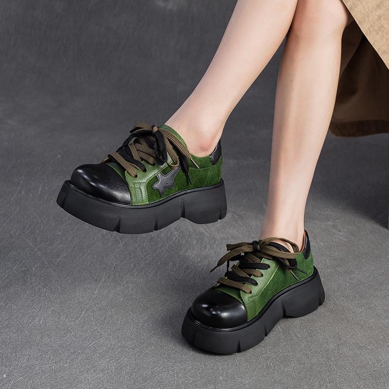Johnature Genuine Leather Pumps Thick Soled Round Toe Mixed Colors Lace-up Fashion Versatile Women's Shoes