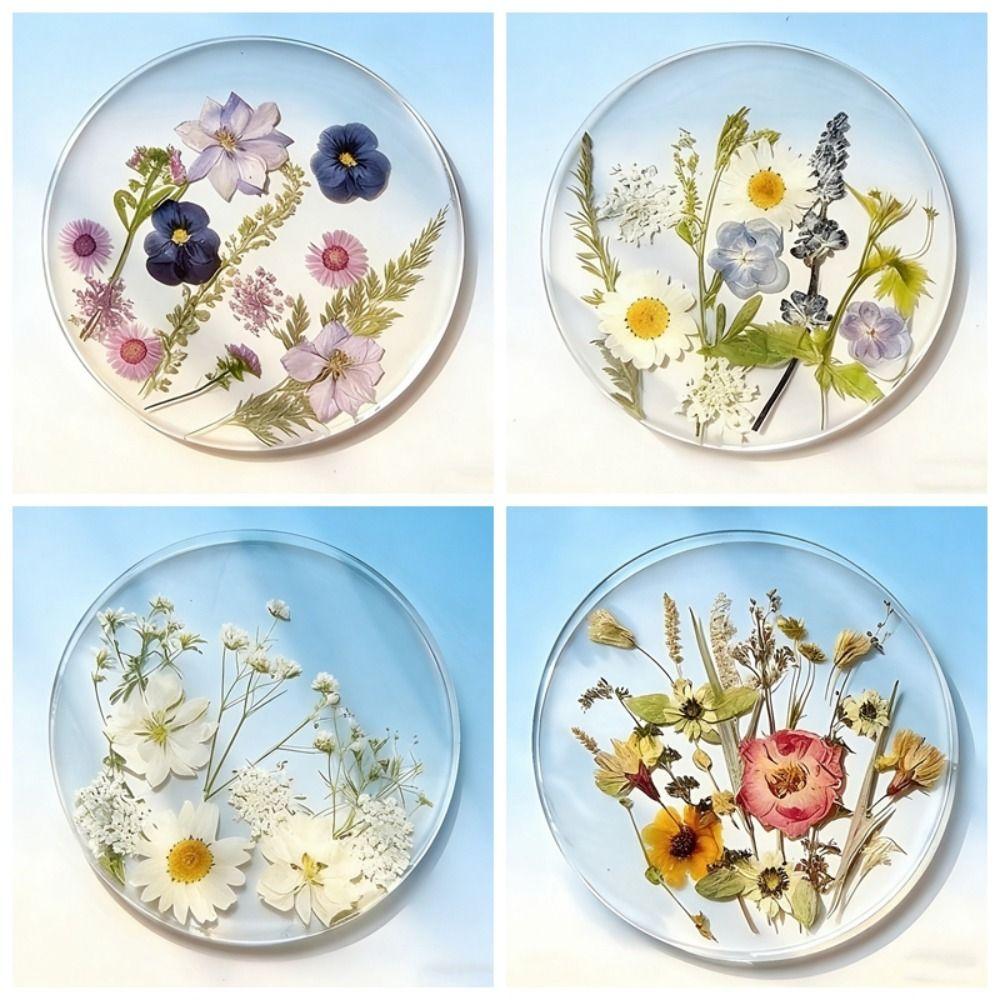 Round Floral Print Coasters Transparent Cup Mat Durable Insulation Pad Tea Table