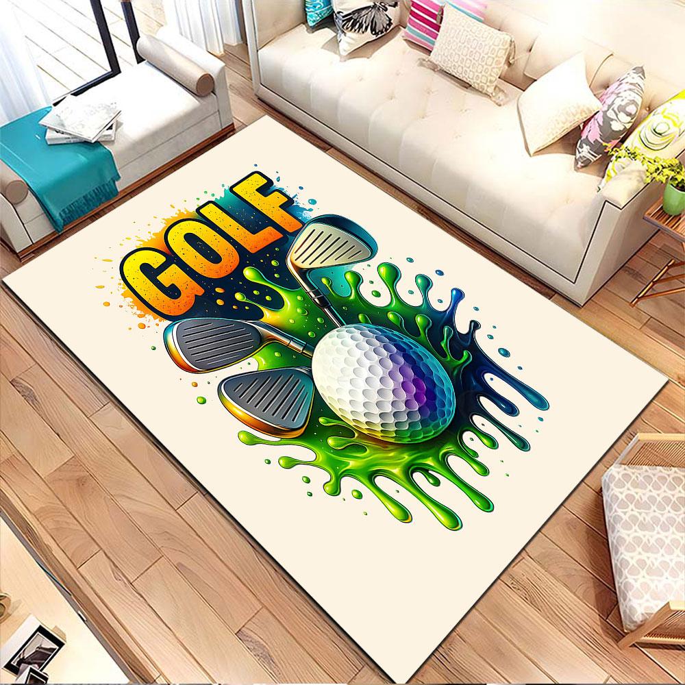 Colorful Golf Theme with Clubs and Ball Patterned Carpet, Non Slip Mat Suitable for Living Room and Bedroom Sofas