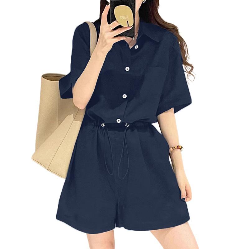 ZANZEA Women Summer Turn Down Collar Short Sleeve Drawstring Jumpsuits Overalls