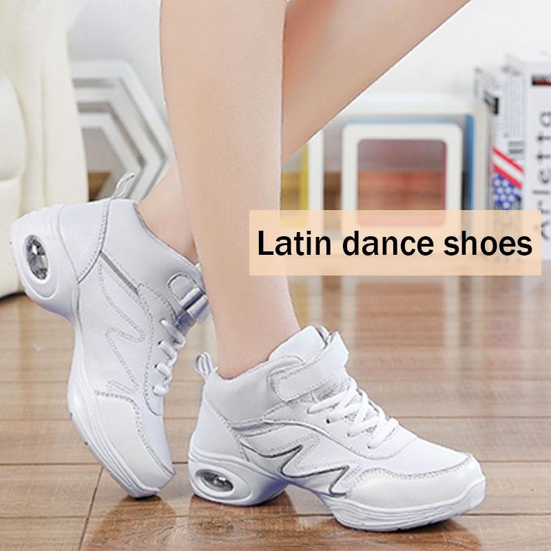 White Leather Jazz Dance Sneakers Women Soft Soled Teachers Dance Shoes Latin Practice Dancing Shoes