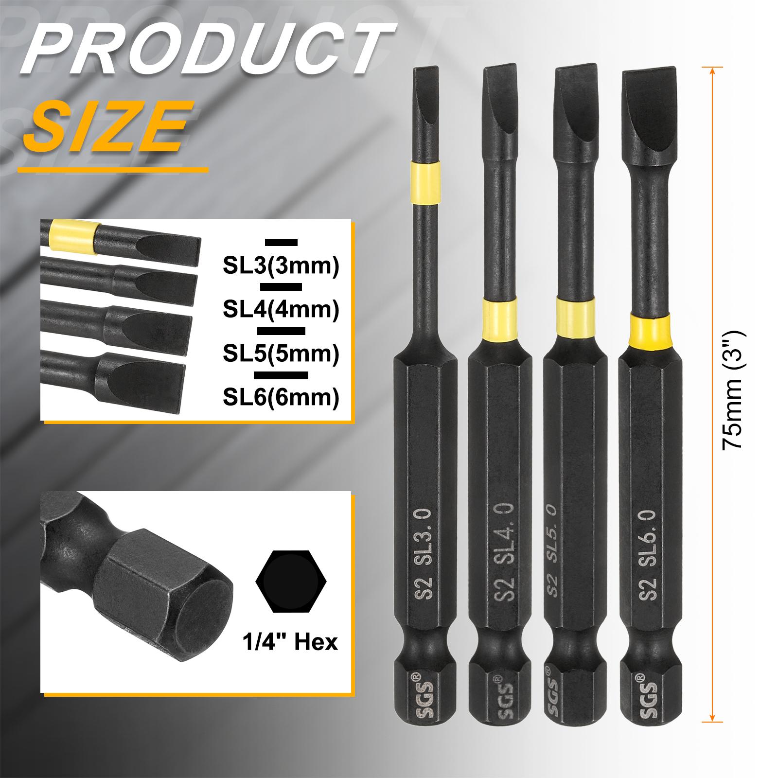 

1set Slotted Impact Screwdriver Bits SL3-SL6 Slotted Tip 1/4 Hex Shank Magnetic Flat Head Screw Driver Bits Electric Power Tool