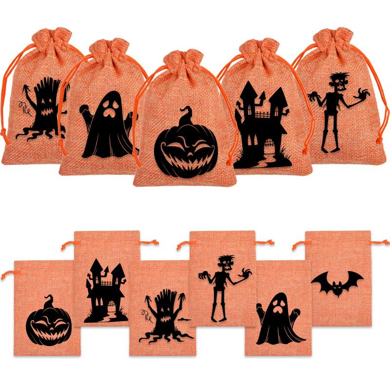 8/12Pcs 2025 New Halloween Gift Bags Children'S Trick-Or-Treat Candy Bags Pumpkin Bags Flannel Drawstring Candy Bags 10X12Cm