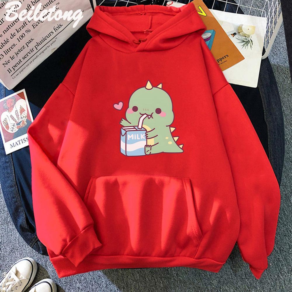 Dinosaur Oversized Tegneserie Dame Genser Hettegenser Søtt Trykk Kawaii Klær for Jente Pullover Casual Morsom Dame Harajuku Varm