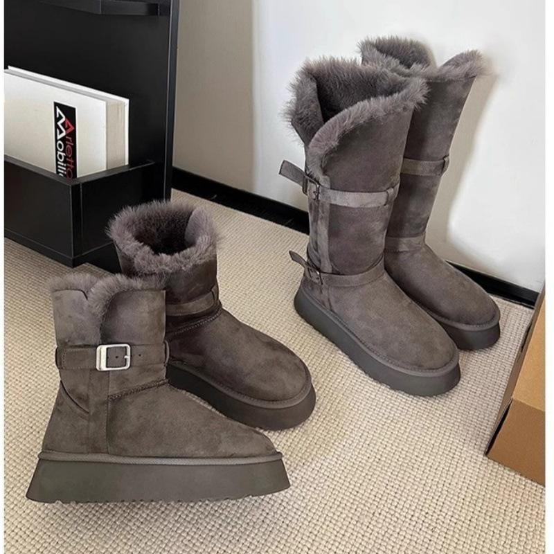 Grey Two-wearing Thick-soled Snow Boots for Women 2025 Winter New Heightening Thermal and Piled Thickened Long-tube Snow Cotton Shoes