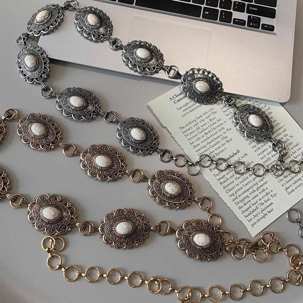 Vintage Bohemian Style Waistband Flower Ethnic Style Belt Metal Waist Chain  Beach Accessories