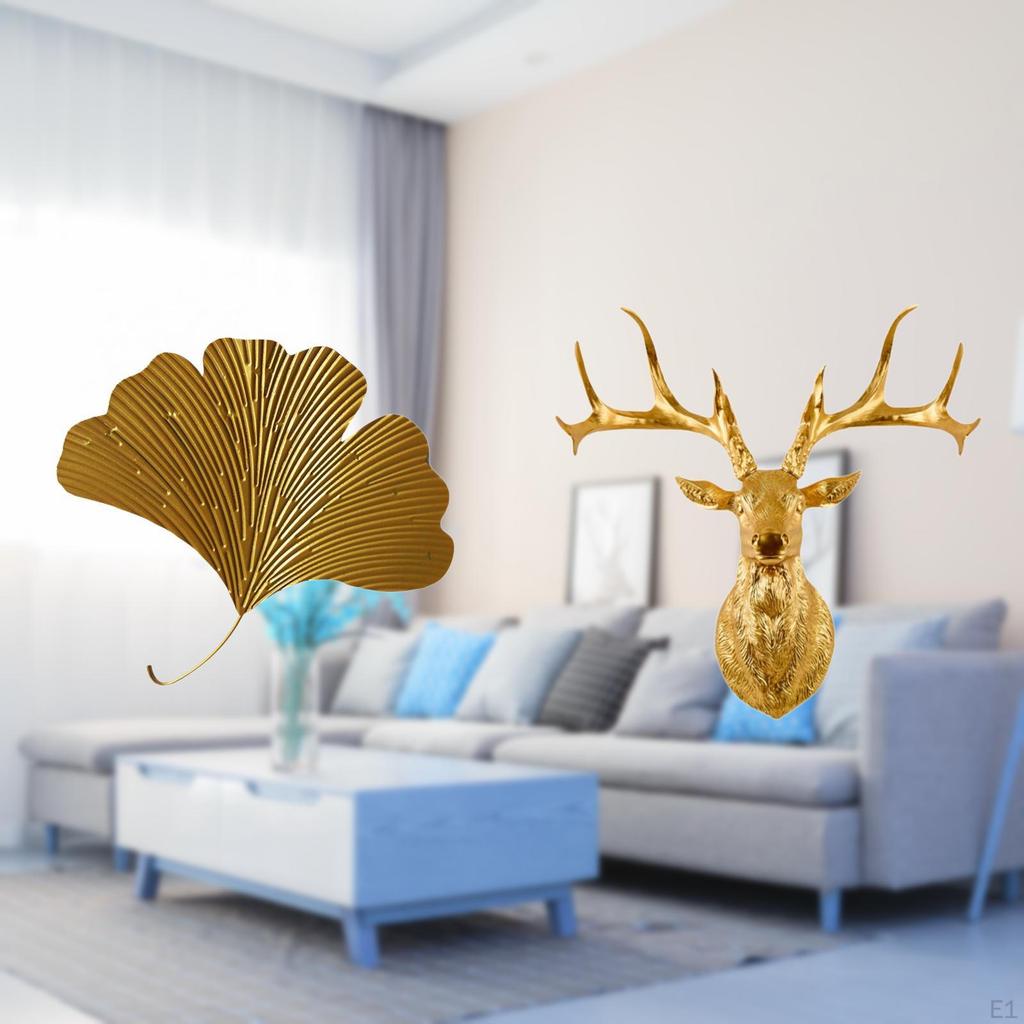 Sculptures Deer Head Statue Ginkgo Leaves Wrought Iron Resin Wall Unique Material Suitable for Gift