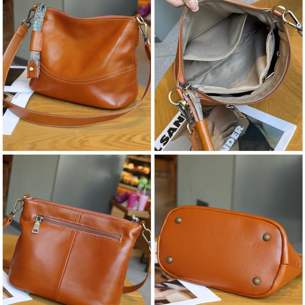 Damentasche aus pflanzlich gegerbtem erstschichtigem Rindsleder, Schulter-Damentasche, modische praktische Eimertasche mit mehreren Fächern und großem Fassungsvermögen