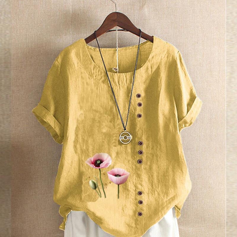 

Женская новая модная льняная рубашка с круглым вырезом и коротким рукавом, с цветочным принтом, летняя женская повседневная блузка, топы XXL жёлтый