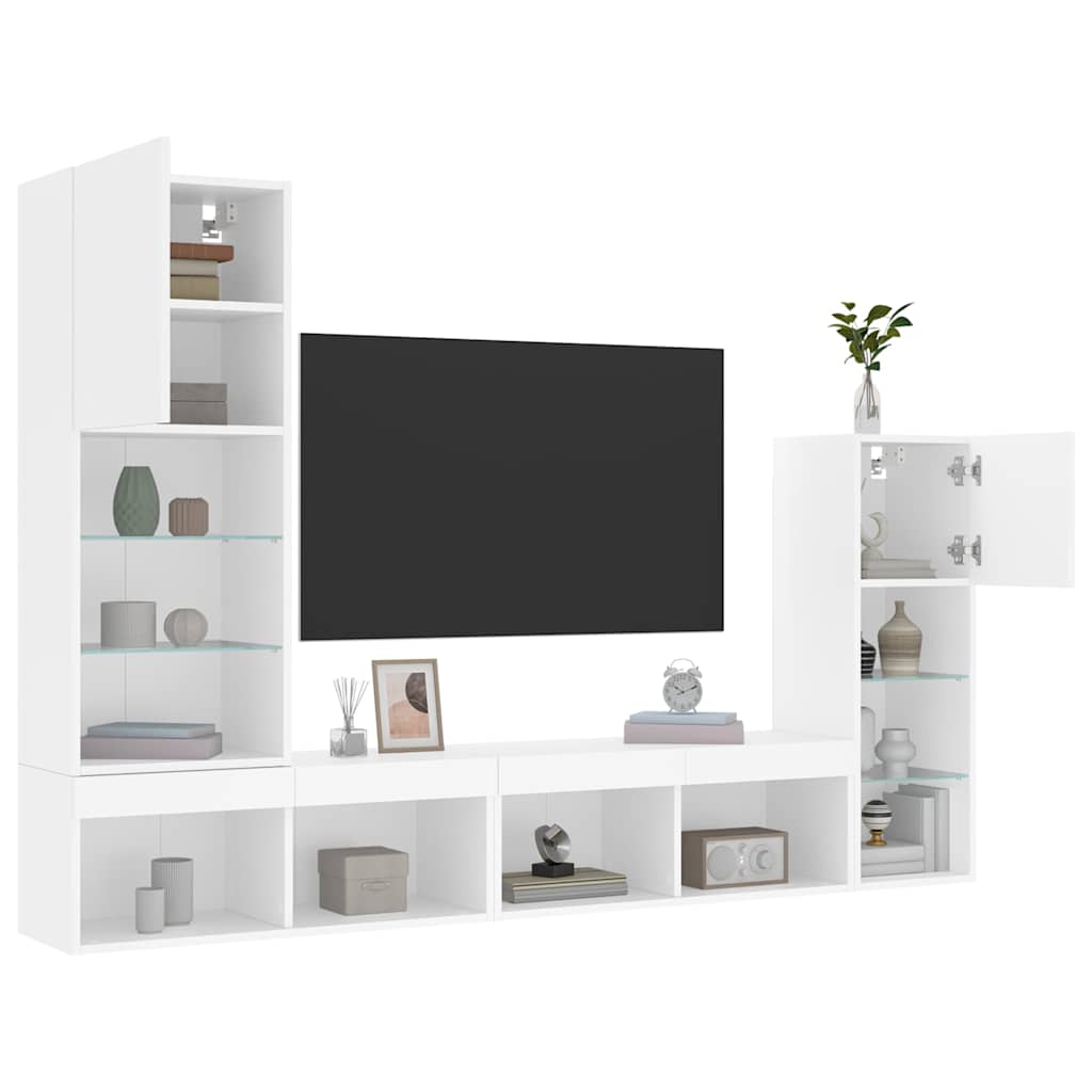 4 piece living wall unit with LED lighting white wood based material