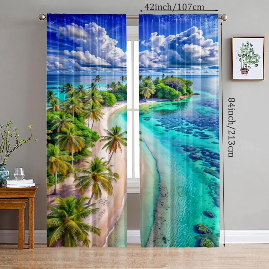 Sea View Pattern Printed Curtains   Pole Bag Curtains   Christmas Decorations   Daily Home Decorations   Room Decorations