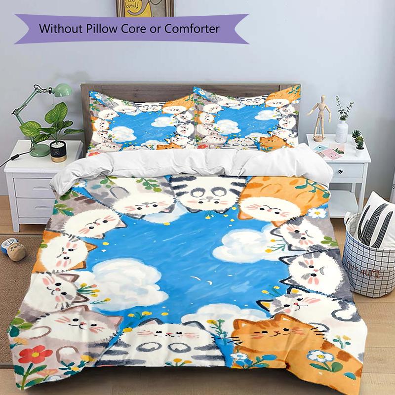 

3pcs Sunny Days and Cats Quilt Cover Set - Soft & Comfortable Polyester Fabric, All-Season Breathable Comforter Set For 1 Quilt Cover & 2 Pillowc 135x200cm
