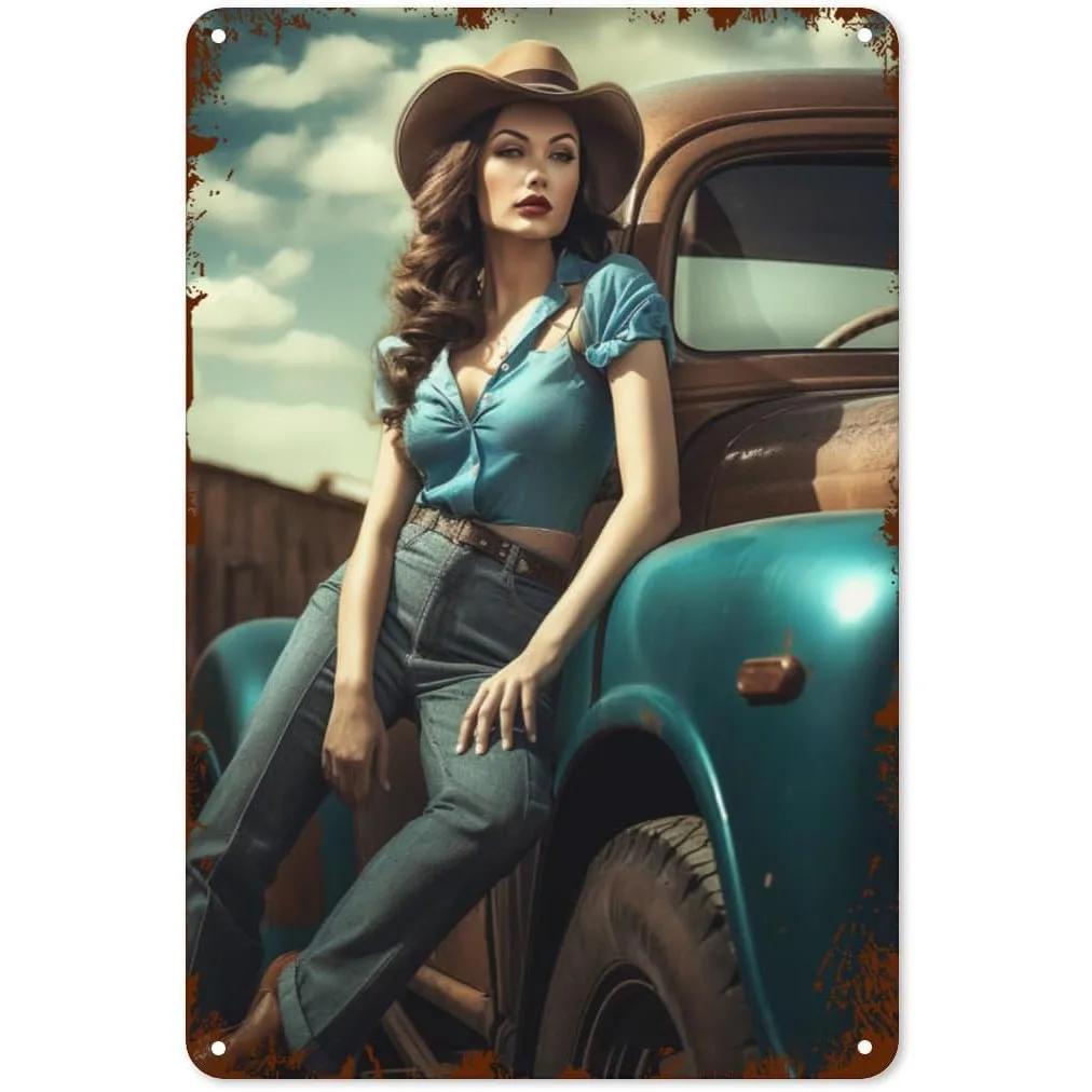 Metall Blechschilder Pinup Auto Mädchen Wanddekoration Plakette Vintage Kunst Poster Eisenmalerei für Man Cave Zuhause Café Garage Club Bar