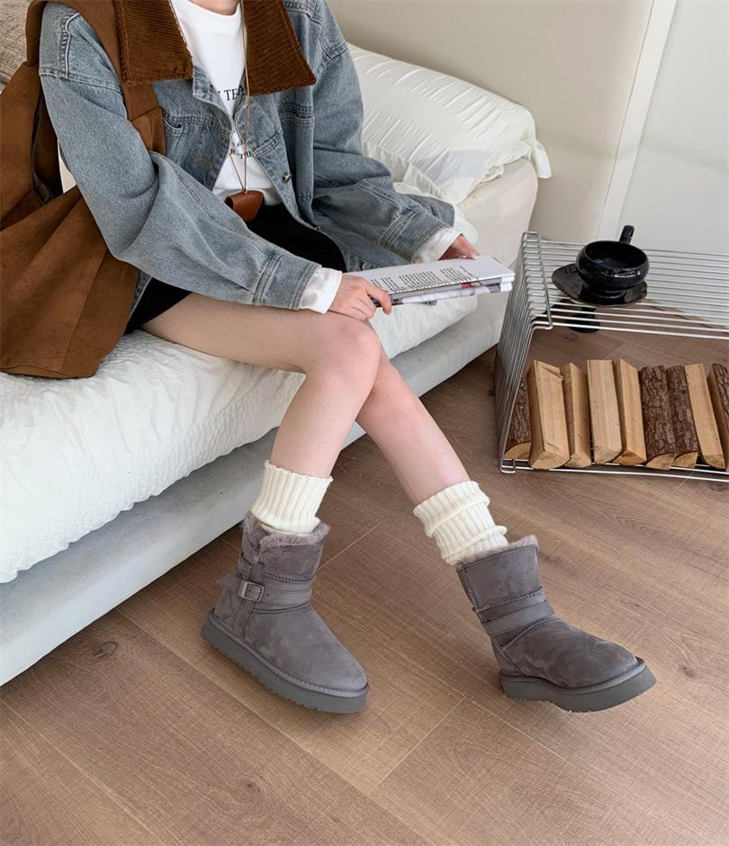 Low Tube Thick Bottom Leather Buckle Knight Boots Sangpo Sheepskin Fur Integrated Thickened Warm Snow Boots Women