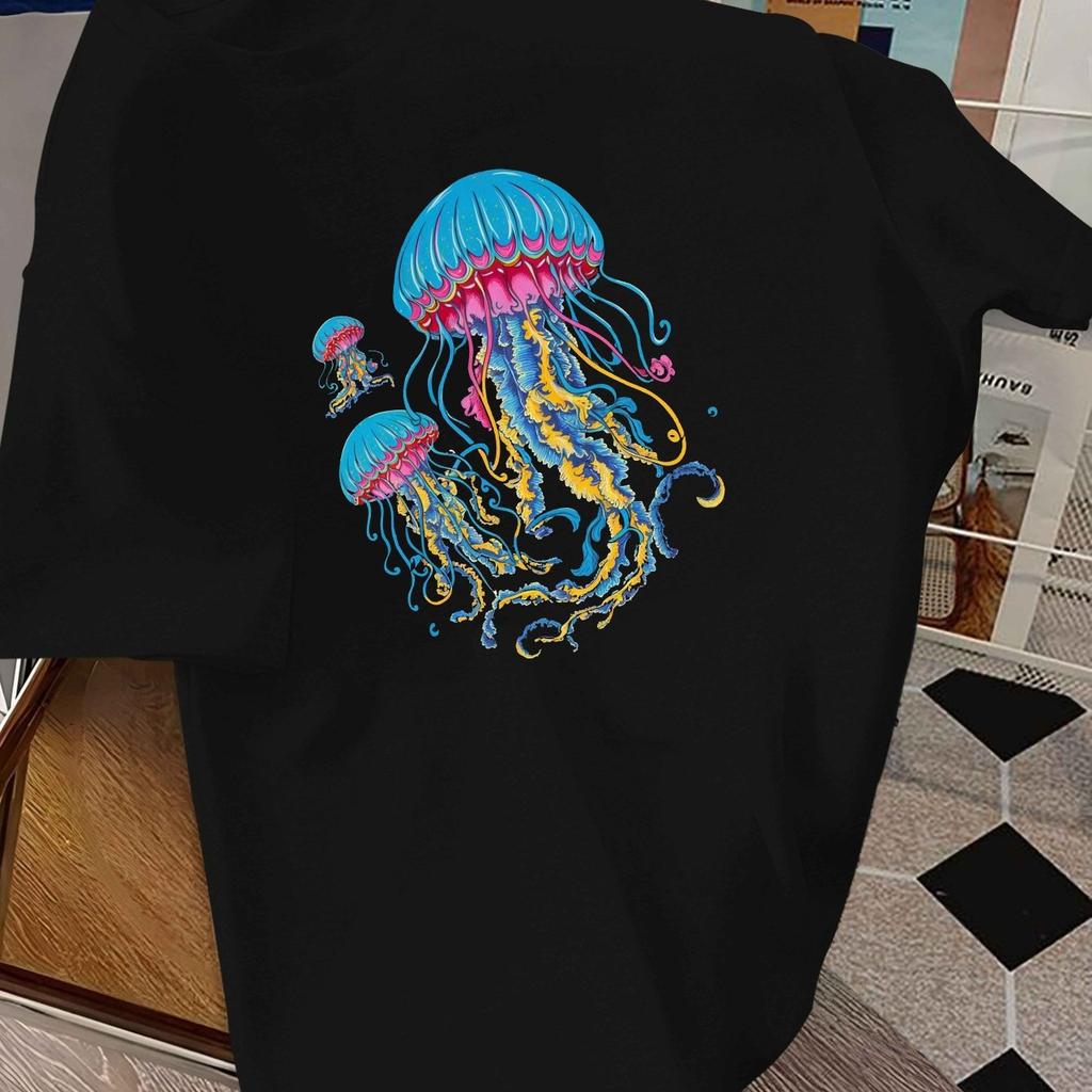 Colorful Psychedelic Jellyfish Graphic Mens Cotton TShirt Round Neck Casual Short Sleeve Summer Tee