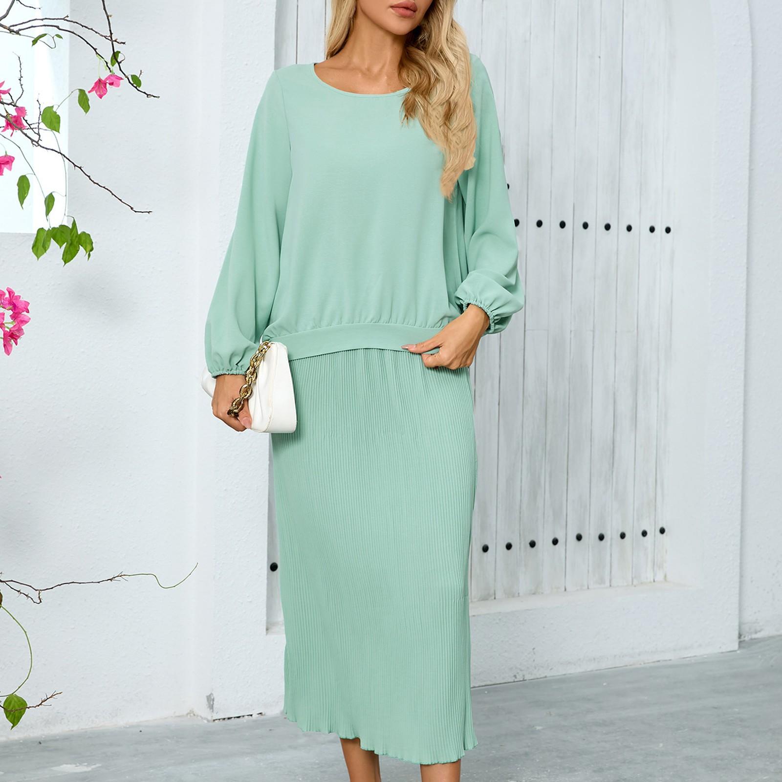 

Женский модный повседневный топ с длинным рукавом и круглым вырезом, жакет, плиссированная юбка средней длины, комплект с юбкой XL зелёный