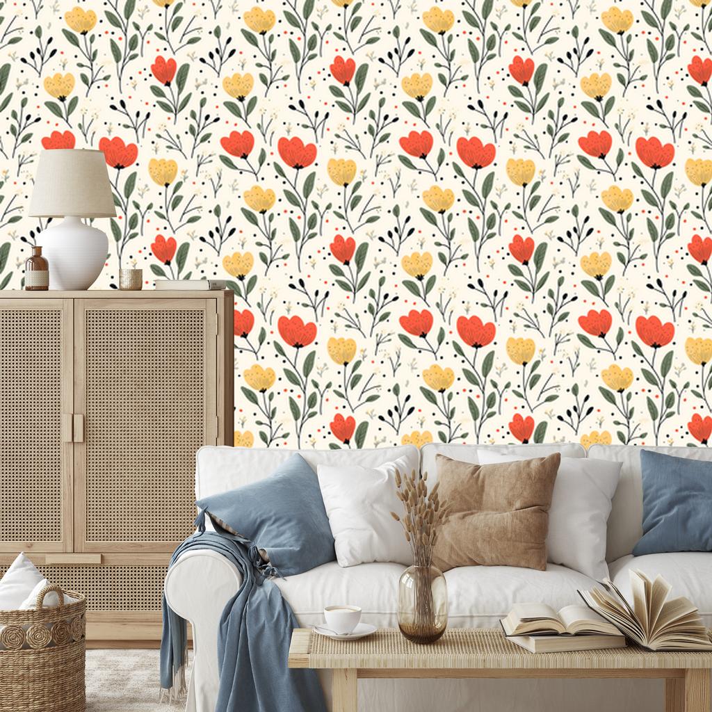 Wallpaper Flowers White, Light Gray, Cream and Lime 50x1000