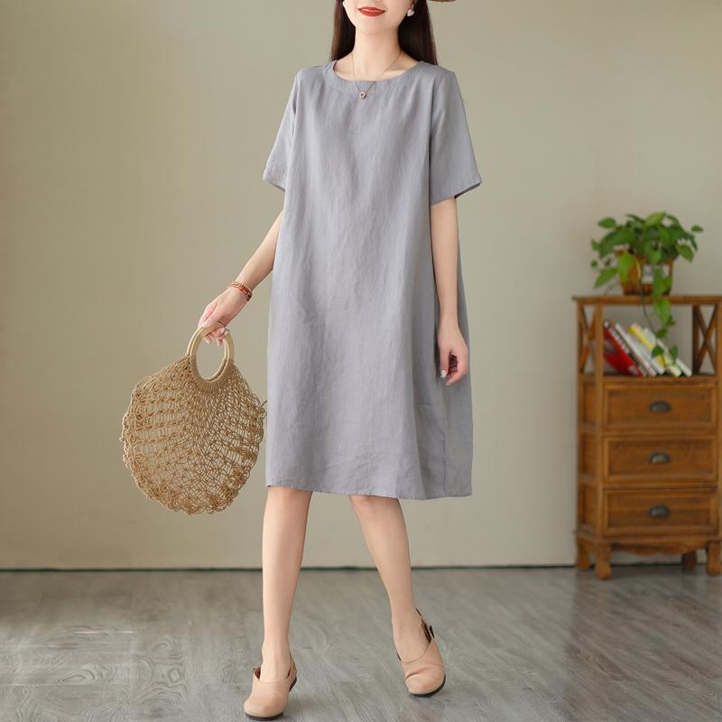 Dimanaf 2025 Women Solid Linen Summer Print Dress Casual Ladies Basic Long Dress 9295