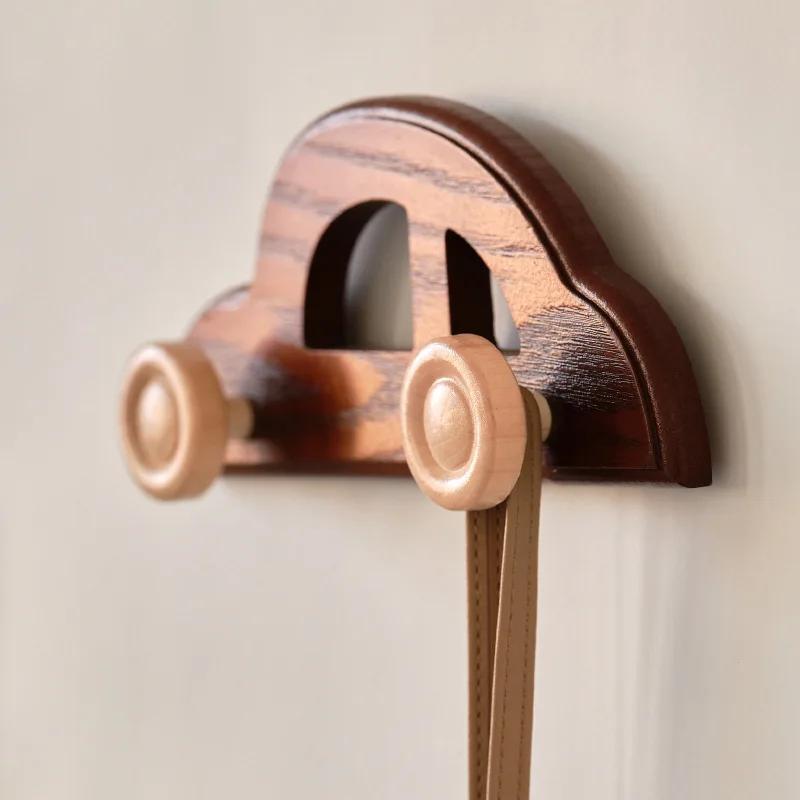 Cute Car Hooks Solid Wood Decorative Double Hooks Key Holder Wall Mounted No Drill Coat Rack Entryway Storage Kids Room Decor