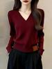 Autumn 2026 Red Women's V-neck Knit Sweater – French Retro Style