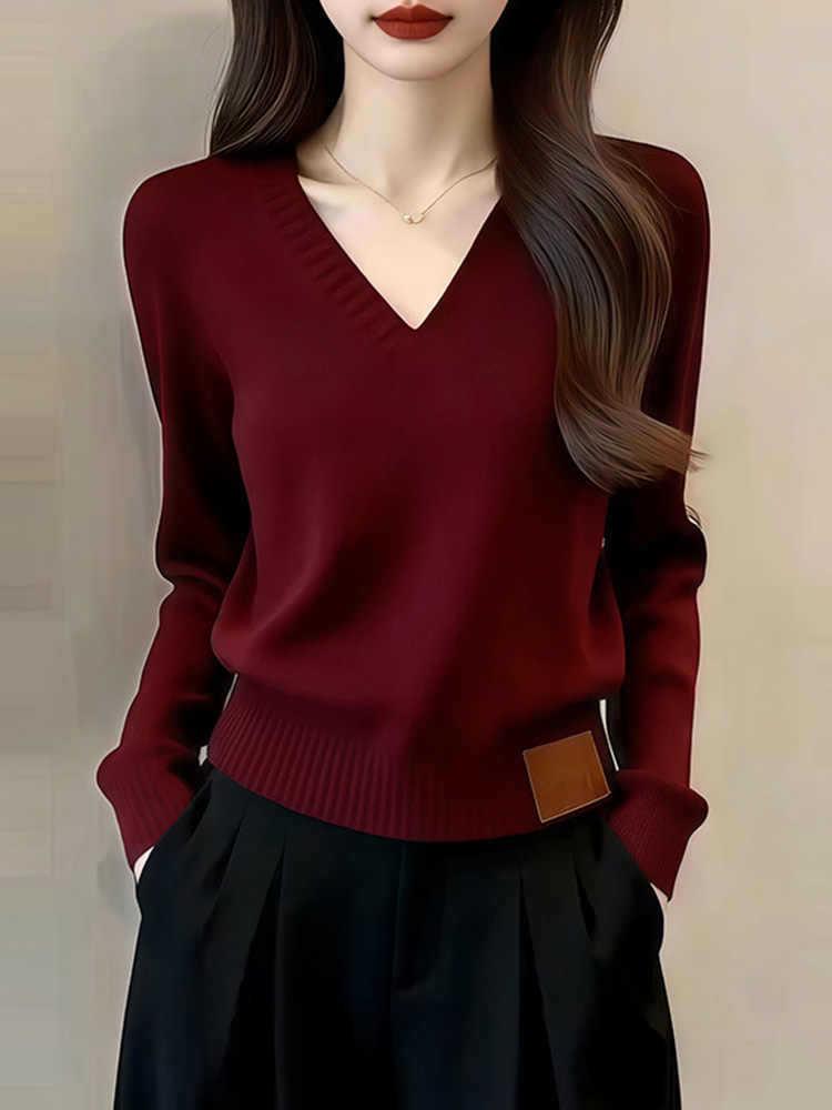 Autumn 2026 Red Women's V-neck Knit Sweater – French Retro Style