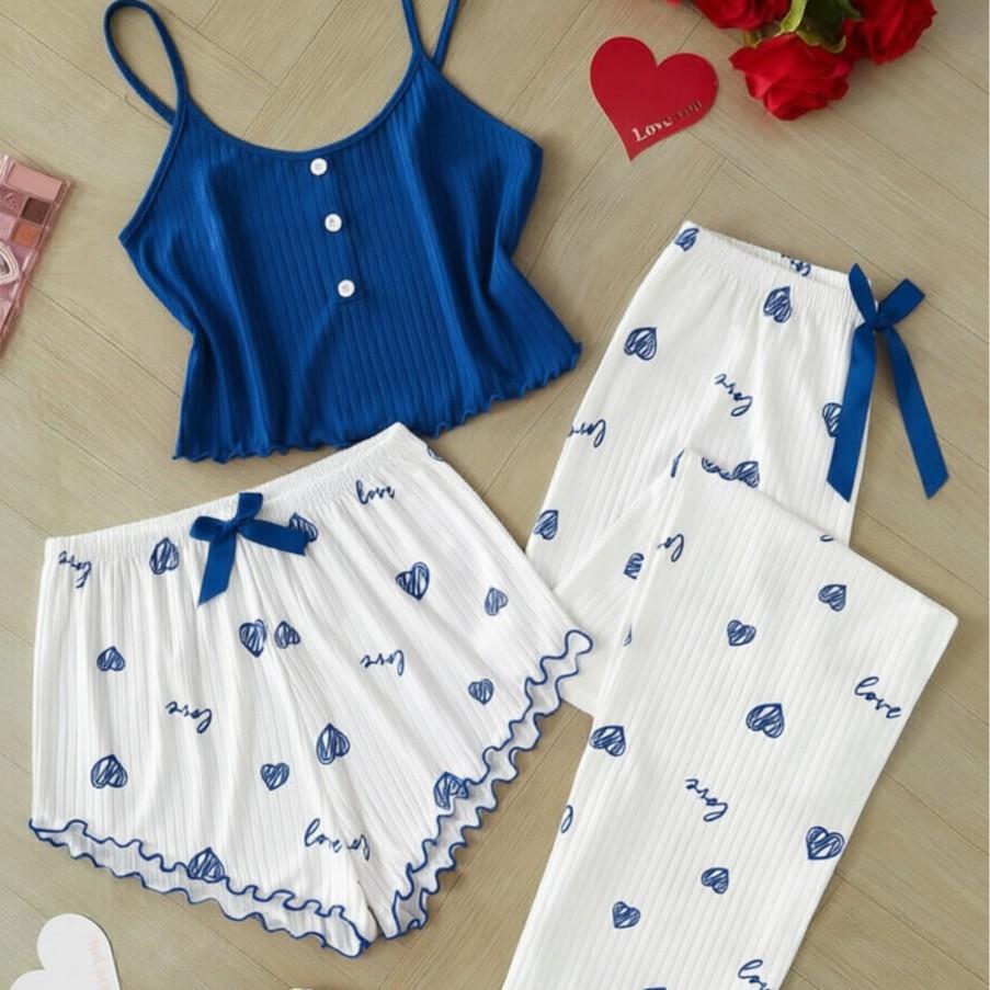 Pure Desire Love Print Summer Three-piece Set Sweet Suspenders Women's Loungewear Pajamas Women