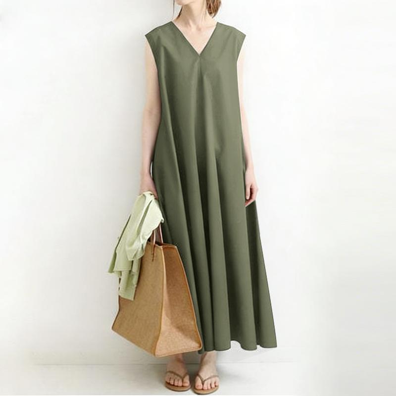 ZANZEA Women Casual V-Neck Solid Color Loose Sleeveless Dress