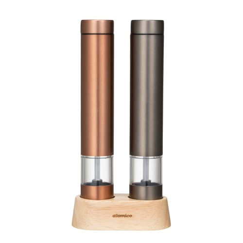 CB Japan Electric Pepper Mill, Copper & Graphite Gray, Set of 2, with Dedicated Wood Stand, for Rock Salt, Pepper, and Spices, Adjustable Coarseness,