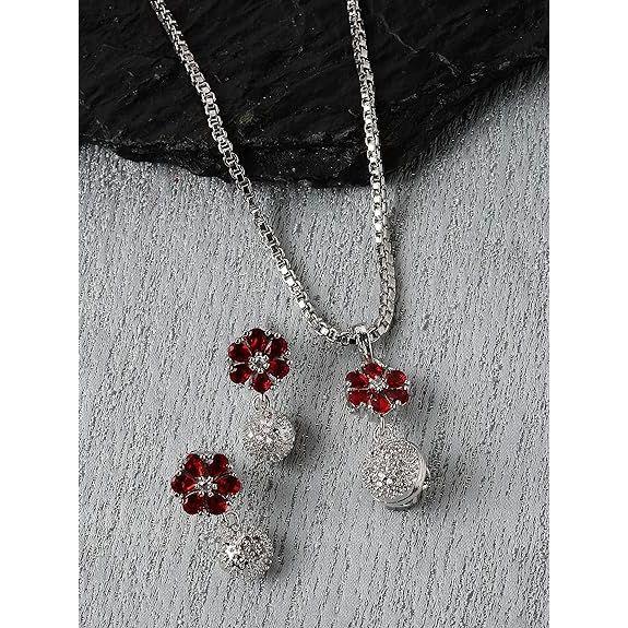 Rhodium-Plated Silver Toned Green Cubic Zirconia Studded Floral Shaped Cute Pendant with Earrings Jewellery Set for Girls and Women