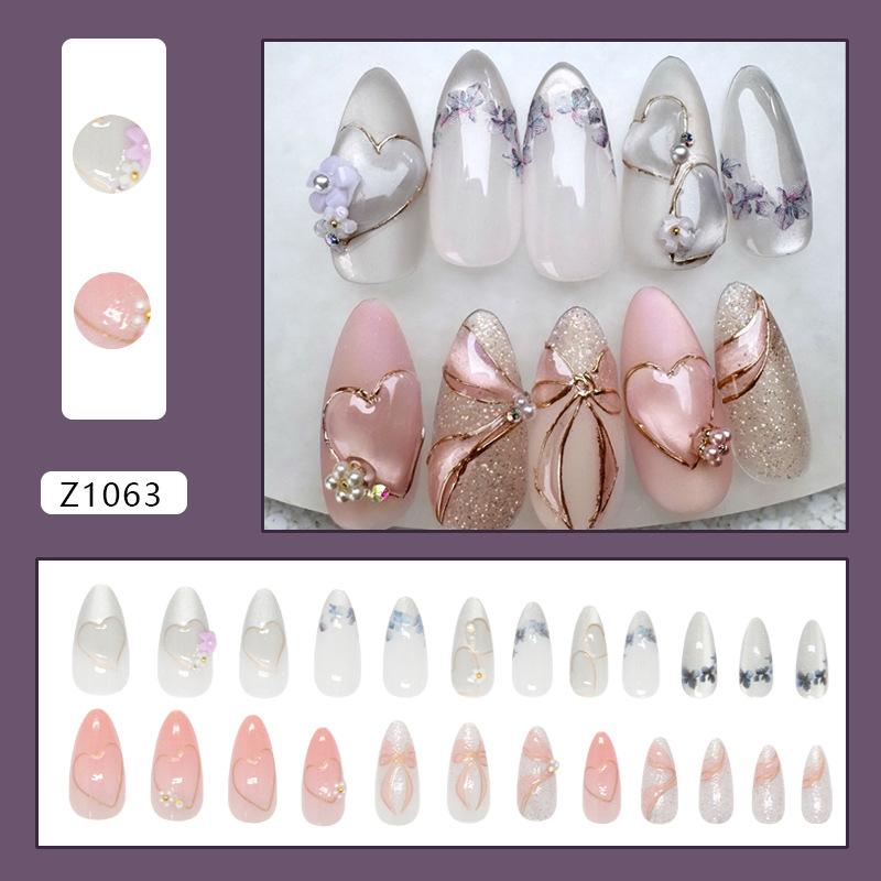Sweet cat's eye flash diamond small flower bow hollow heart removable manicure 24 pieces