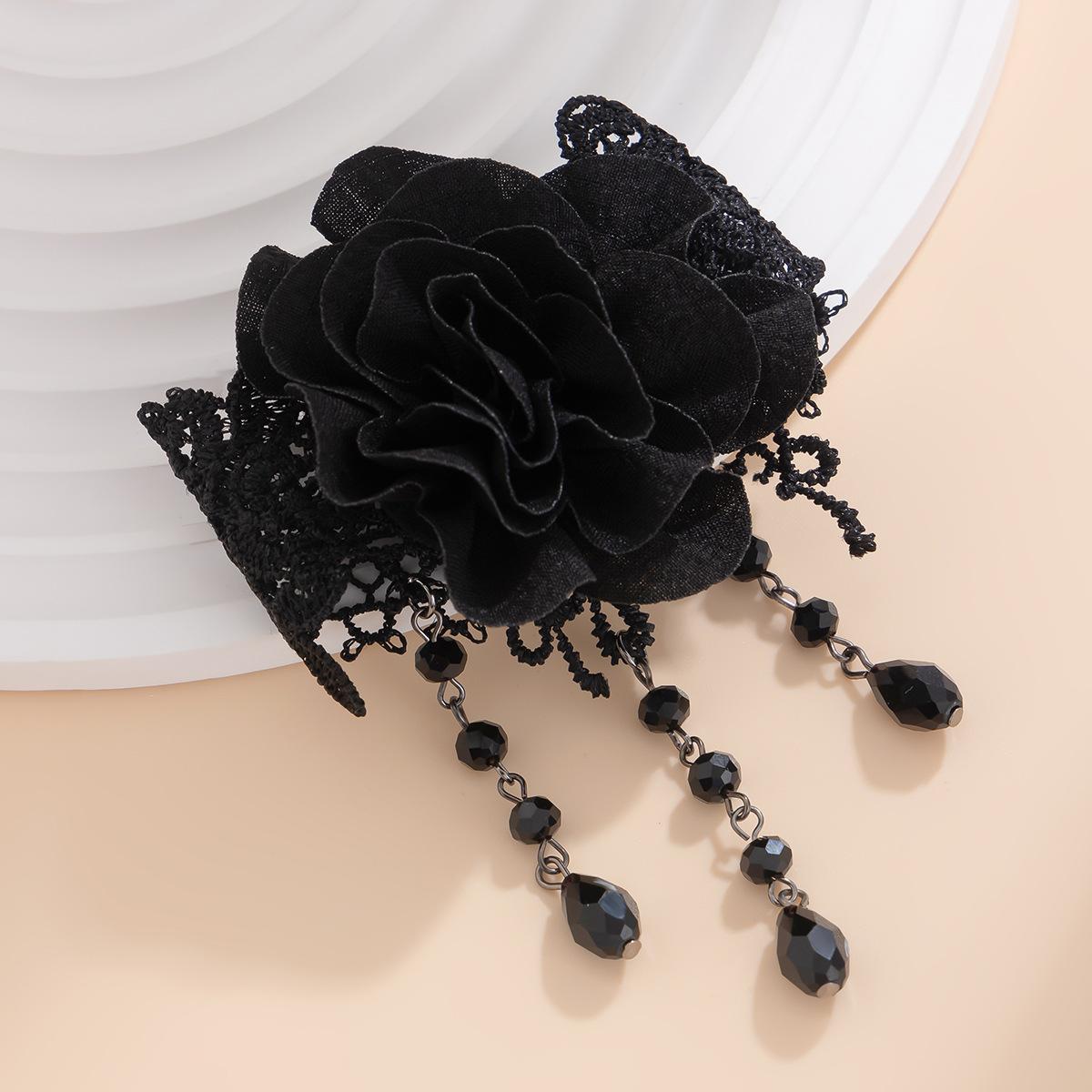 

Black lace tassel pendant necklace, rose flower gothic choker dark collar