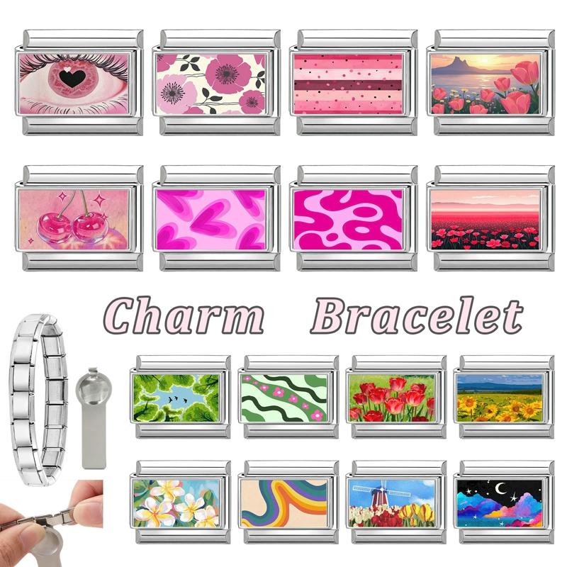Unique Y2K Pink Girls' Eye Tulip Flowers Moon Cat Cherry Italian Charm Link Fit 9mm Stainless Steel Bracelet DIY Making Jewelry