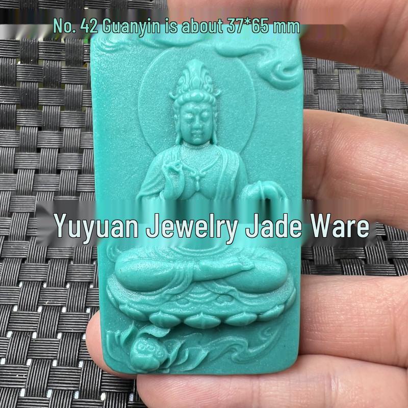 Turquoise Guanyin Buddha Pendant - Frosted Jade Plate with Baby Buddha Design