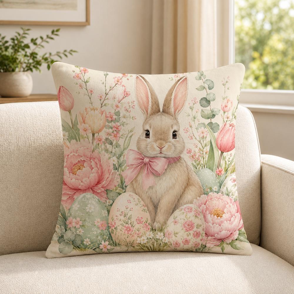 Art Spring Bunnies and Easter Eggs Cushion Cover Soft Short Plush SkinFriendly Cushion Case for MultiScene Use