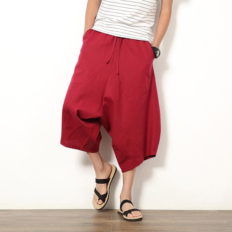 Men's Multicolor Thai Wide-Leg Bloomers - Cotton & Linen Beach Pants, Chinese Style, Spring/Summer.