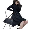 Hepburn Style French Wool Long Black Knit Dress for Women - Semi-High Neck, Perfect for Autumn and Winter.